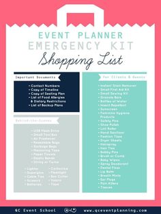 the event planner emergency kit shopping list is shown in blue, pink and green colors