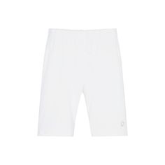 Casual white bike shorts made from soft and stretchy cotton jersey. These easy-to-wear shorts have an elasticated waistband for a comfortable fit. A branded metallic silver logo is printed on one leg. 95% cotton, 5% elastane. Sporty White Pajama Shorts, Basic White Cotton Shorts, White Athletic Shorts With Elastic Waistband For Loungewear, White Sporty Shorts For Loungewear, Athleisure White Pajama Shorts For Workout, Sporty White Shorts For Loungewear, White Stretch Athleisure Pajama Shorts, White Sporty Elastane Shorts, White Athleisure Elastane Shorts