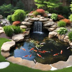 a pond with many koi fish in it