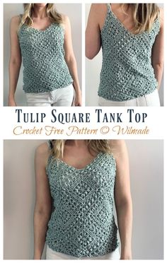 a woman wearing a tank top made from crocheted cotton yarn with the words tulip square tank top on it