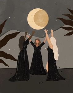 three women in black dresses are reaching for the moon