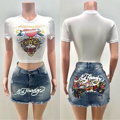 Brand New Run True Size. Shipping 1-3 Days! Ed Hardy Skirt Outfit, Ed Hardy Jeans, Studded Jeans, Skirt Trends, Christian Audigier, Jean Mini Skirts, Streetwear Summer, Rhinestone Studs