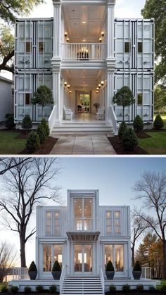 two different views of a large white house with stairs leading up to the second floor