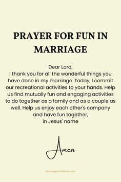 a prayer card with the words prayer for fun in marriage