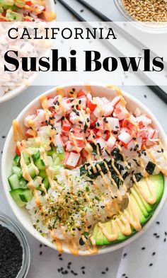 two bowls filled with different types of sushi and rice, topped with toppings