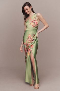 Garden Party Formal Dress, Spring Formal Wedding, Green Mother Of The Groom Dresses, Floral Print One Shoulder Evening Dress With Asymmetrical Neckline, One-shoulder Floral Print Gala Dress, Garden Party Outfits, Garden Formal Wedding Attire Guest, One-shoulder Floral Dress With Asymmetrical Neckline For Evening, Sister Of The Bride Dress