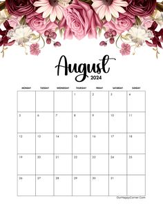 an august calendar with flowers on it and the word august written in black, white and pink