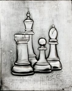 a black and white drawing of chess pieces on a board with one pawn facing the other