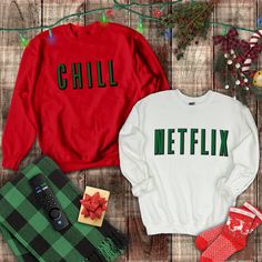 Each sweatshirt is priced individually. Christmas Movie Watching Netflix and Chill matching couple pajama sweatshirt/ fleece sweater SWEATSHIRT DETAILS   *Unisex cut   *50% preshrunk cotton, 50% polyester *pill-resistant   *1x1 Ribbed collar, cuffs and waistband with spandex Netflix And Chill Couple, Chill Couple, Matching Couple Pajamas, Holiday Couple, Christmas Couples, Sweatshirt Details, Couple Christmas, Couple Pajamas, Movie Watching