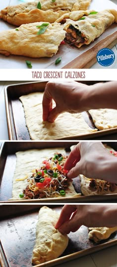 the process of making taco crescent calzones is shown