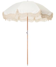 an umbrella with fringes on it is shown against a white background and has a wooden pole