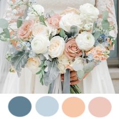 a bride holding a bouquet with peach, blue and white flowers in her wedding dress