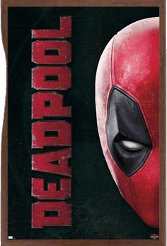 the deadpool movie poster is displayed on a wooden framed frame, with an image of deadpool's face