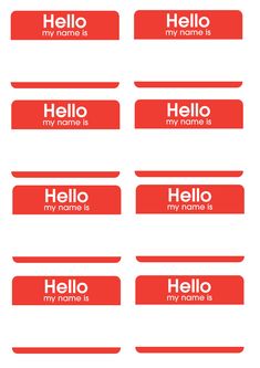 four red labels with the words hello and my name is