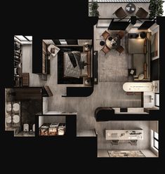 an overhead view of a bedroom and living room