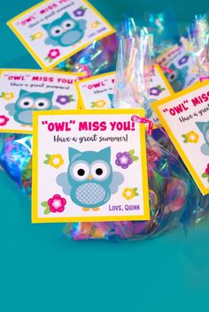 owl miss you bags filled with lollipops