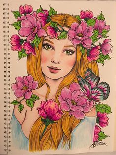 a drawing of a girl with flowers in her hair and butterflies on her head, surrounded by pink flowers