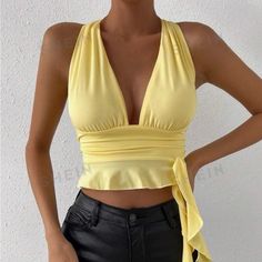 Size Small Brand New In Packaging Spring V-neck Halter Top For Night Out, Yellow V-neck Top For Party, Solid Color V-neck Halter Top For Summer, Yellow V-neck Top For Night Out, Yellow Halter Neck Top For Party, Mom Fits, Romantic Classic, White Corset Top, Cutout Crop Top