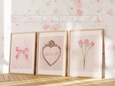 three framed pictures with pink flowers and hearts on them