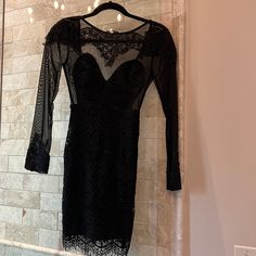 Black Lace And Sheer Mini Dress. Nwt. Label Says 8 But It Is 2/4 Sheer Lace Bodycon Dress For Parties, Black Dress With Sheer Sleeves For Party Season, Mini Lace Dress For Party, Sheer Black Bodycon Dress For Party Season, Party Bodycon Dress With Sheer Sleeves In Midi Length, Sheer Bodycon Dress For Fall Parties, Black Mini Dress With Sheer Sleeves For Party, Dressy Lace Mini Dress For Night Out, Lace Mini Dress With Sheer Sleeves For Party