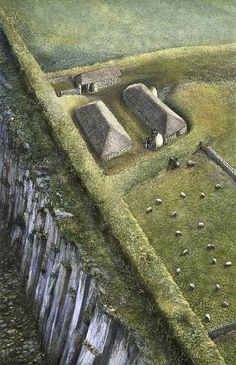 an artist's rendering of a medieval village with sheep grazing in the foreground