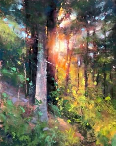 an oil painting of trees in the woods