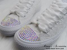 "Beautiful and Romantic wedding sneaker are a perfect accessories for your Special day..These Wedding White Converse Sneakers , are embellished with White Sequin Lace fabric and gorgeous pearls at the toe . White Satin Ribbon shoe lace for tying ... Lace is available in white , Ivory , Champagne , Blush This Chuck Taylor All Star Monochrome Low Top runs a \" half-size large. \" Handmade to order, so please allow me enough time before your wedding date. Orders are processed and shipped within 4-5 Wedding Low-top Sneakers With Rhinestones, Embellished Low-top Wedding Sneakers, Embellished Lace-up Sneakers For Weddings, Wedding Lace-up Sneakers With Rhinestones, Elegant Wedding Sneakers With Rhinestones, Elegant Embellished Sneakers For Wedding, Wedding White Embellished Sneakers, Lace Converse, White Converse Sneakers