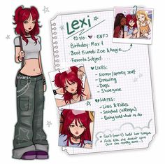 a girl with red hair standing next to a notepad that says lexii