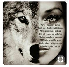 a woman's face with an image of a wolf in the background