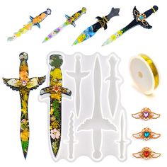 PRICES MAY VARY. Affordable Set: It has 6 different shapes of dagger molds, and is equipped with a box of gold craft thread. Most importantl, it also comes with three different elegant and beautiful angel wings.You can enjoy diy all kinds of knife shape that allows you to give full play to your imagination and make your own unique dagger. High Quality:The resin dagger molds are made of high quality silicone, With the flexible, smooth and reusable epoxy casting Moulds. Durable resin mold that can Resin Knife Handle Diy, Epoxy Resin Swords, Resin Knife, Jewelry Casting, Resin Pendant Mold, Knife Shapes, Resin Molds Silicone Disney, Silicone Resin, Casting Resin Molds