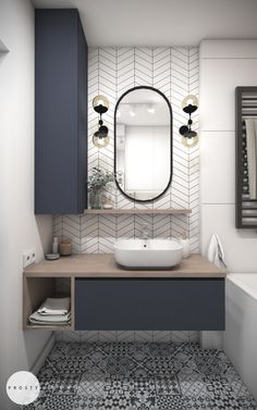 a bathroom with a sink, mirror and bathtub