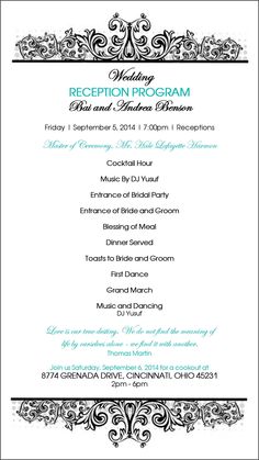 a wedding reception program is shown in black and white with blue accents on the border