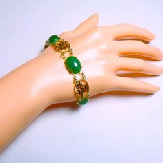 Vintage 14k Gold Chinese Characters Green "Old Jade" Aventurine Link Bracelet | eBay Luxury Green Oval Bracelet, Fine Jewelry Bracelet With Cabochon, Oval Jade Jewelry With Natural Stones, Luxury Jade Jewelry For Anniversary, Luxury Green Cabochon Jewelry, Yellow Gold Jade Jewelry With Cabochon, Classic Green Jade Jewelry, Elegant Aventurine Gemstone Jewelry, Elegant Jewelry With Natural Stones And Chrysoprase