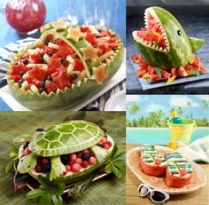 four different pictures of food made to look like animals and fish, including watermelon