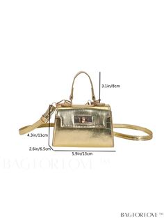 BagForLove - Chic Mini Metallic Crocodile Flap Bag with Twist Lock - Trendy & Compact Product Description Color Gold Magnetic No Type Square Bag Bag Size Mini Style Casual Strap Type Adjustable Pattern Type Plain Closure Type Turn-lock Composition 100% Polyester Material PU Size Chart INCH CM Strap Length Bag Length Bag Width Bag Height Handle Height 45.7 inch 5.9 inch 2.6 inch 4.3 inch 3.1 inch Strap Length Bag Length Bag Width Bag Height Handle Height 116 cm 15 cm 6.5 cm 11 cm 8 cm Details Pic Gold Crossbody Bag With Hasp Closure, Trendy Portable Gold Bags, Gold Satchel With Hasp Closure, Gold Square Satchel As Gift, Trendy Gold Satchel As Gift, Trendy Gold Satchel For Gift, Gold Handheld Satchel With Mobile Phone Bag, Gold Top Handle Satchel With Hasp Closure, Trendy Gold Shoulder Bag With Hasp Closure