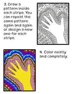 four different types of hand prints with the text, draw a pattern inside each strip you can repeat the same pattern again or design as one for each stripe