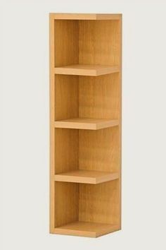 a wooden shelf with three shelves on each side and no one in the room behind it