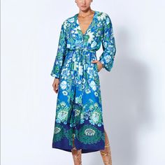 650 Small Sold Out Silk Long Sleeve Midi Dress For Garden Party, Blue Floral Print Midi Dress, Silk Long Sleeve Vacation Dress, Long Sleeve Silk Vacation Dress, Long Sleeve Silk Dress For Vacation, Silk Long Sleeve Dress For Vacation, Blue Long Sleeve Dress For Garden Party, Blue Floral Print Silk Dress, Blue Long Sleeve Maxi Dress For Garden Party