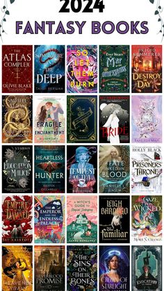 the fantasy book covers are all different colors and sizes, with text overlaying them