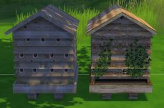 two wooden buildings with plants growing out of them