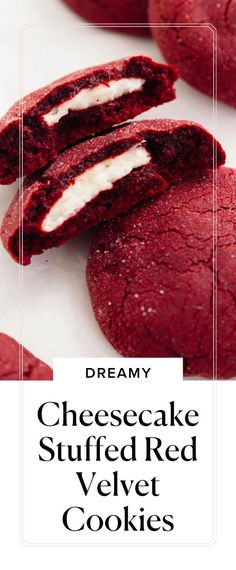 red velvet cookies with cream cheesecake stuff in the middle and text overlay that reads, dreamy chocolate stuffed red velvet cookies