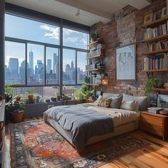 a bedroom with brick walls and floor to ceiling windows overlooking the cityscape is pictured in this image