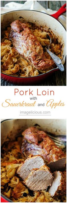 pork loin with sauerkraut and apples in a skillet