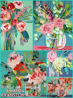 four different images of flowers in vases