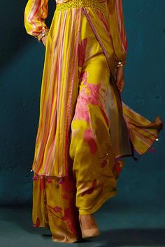 Buy Yellow Chinon Chiffon Embellished Stripe V Neck Print Kurta With Palazzo For Women by Basil Leaf Online at Aza Fashions. Kurta With Palazzo, Basil Leaf, Printed Flare Pants, Embellished Neckline, Straight Kurta, Desi Fashion, Yellow Stripes, Leaf Print, Indian Wear