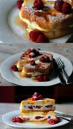 two plates with desserts on them and one has raspberries in the middle