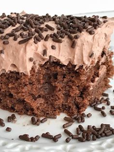 a piece of chocolate cake with frosting and sprinkles on a plate