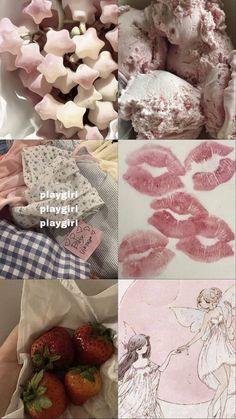 some pink and white pictures with words on them