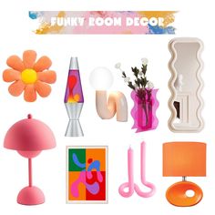 there are many different items on this white background with the words funky room decor above them