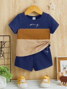 Baby Boy 2pcs/Set Casual Color Block Letter Printed T-Shirt And Shorts Navy Blue   Short Sleeve Cotton Colorblock,Letter  Slight Stretch Summer Baby Boys Clothing, size features are:Bust: ,Length: ,Sleeve Length: Cotton Color Block Sets With Crew Neck, Cotton Color Block Crew Neck Sets, Crew Neck Color Block Cotton Sets, Color Block Cotton Crew Neck Sets, White Color Block Short-sleeved Sets, White Color Block Short Sleeve Set, Casual Color Block Sets With Crew Neck, Blue Short Sleeve Sets With Letter Print, Casual Blue Color Block Sets